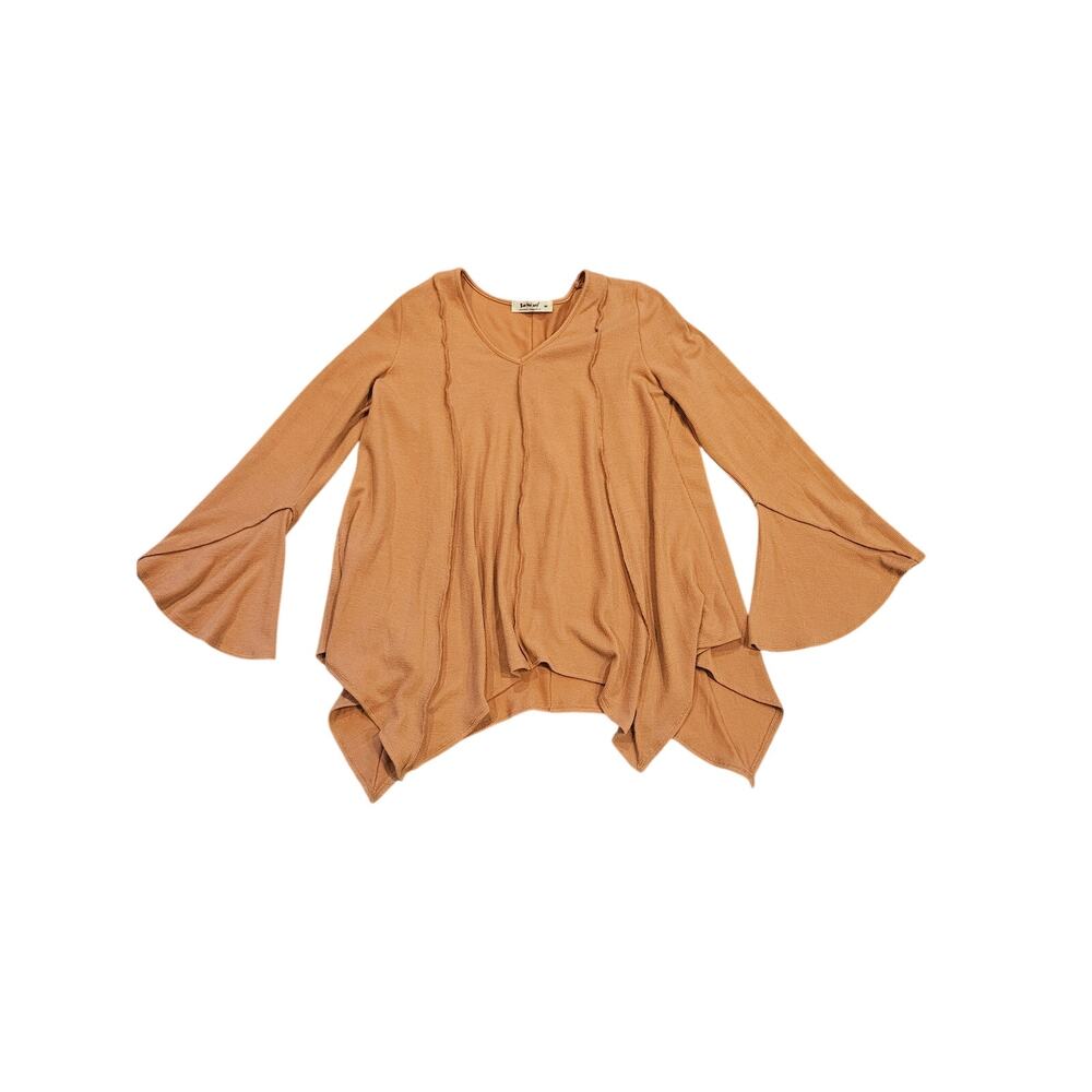 Three bird nest Golden Hour Long Bell Sleeve Top medium rust boho whimsy ribknit